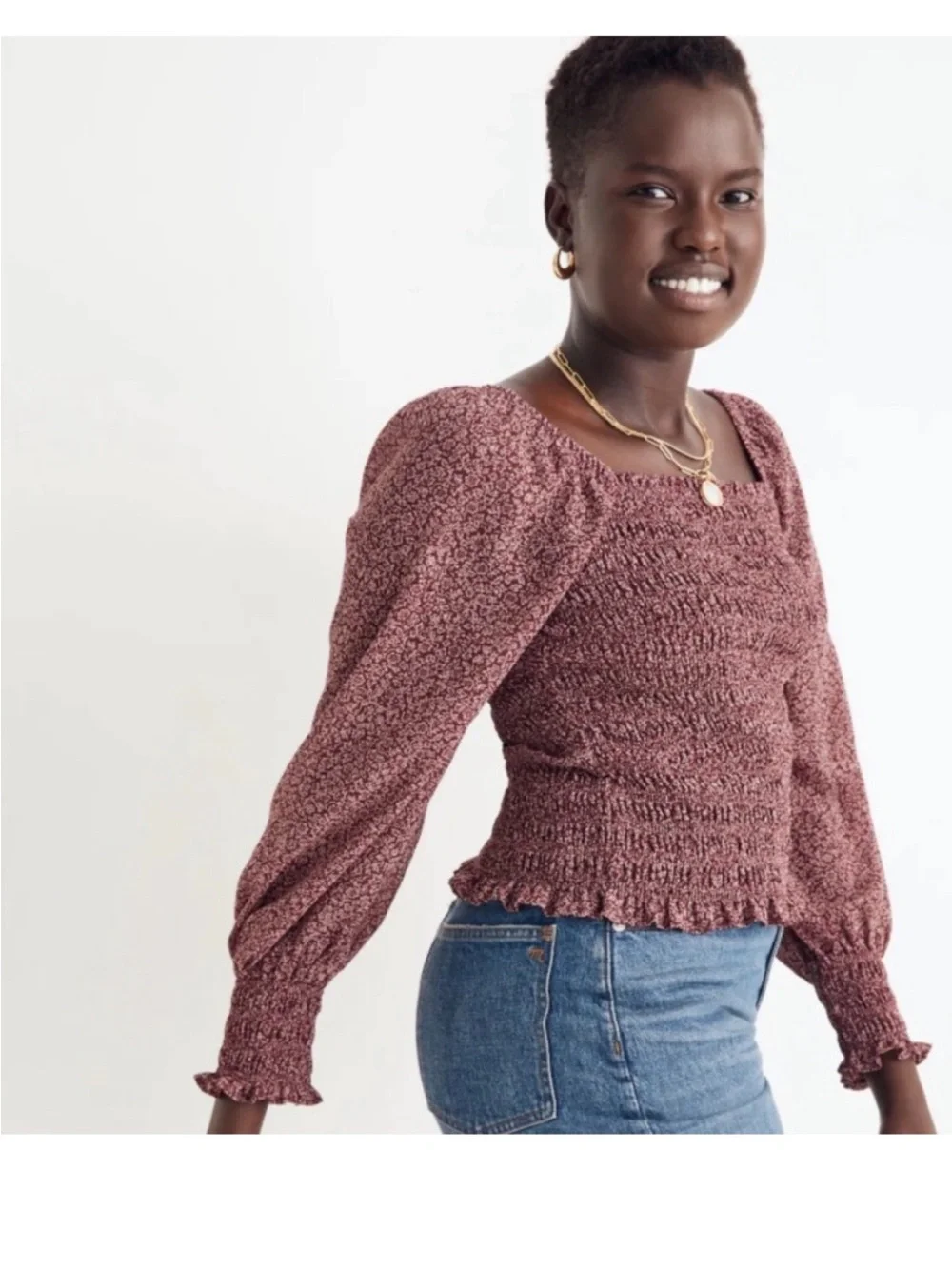 Madewell Lucie Smocked Square-Neck Long Sleeve Top in Dusty Mauve-xs